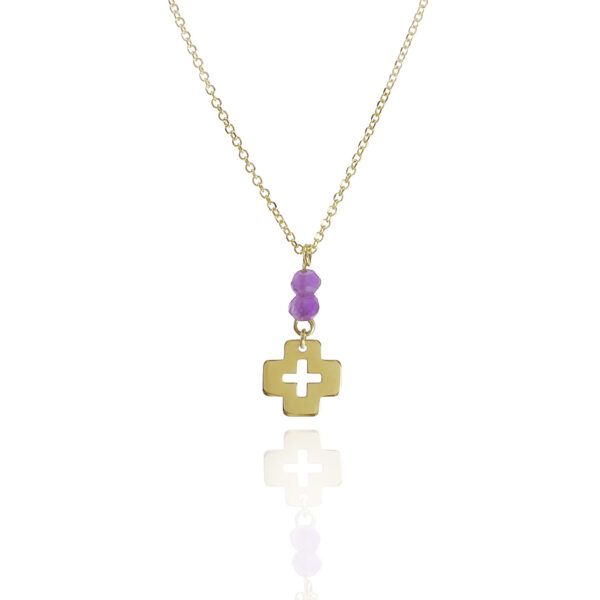 Κολιέ σταυρός από Κίτρινο Χρυσό Κ14 με αμέθυστο